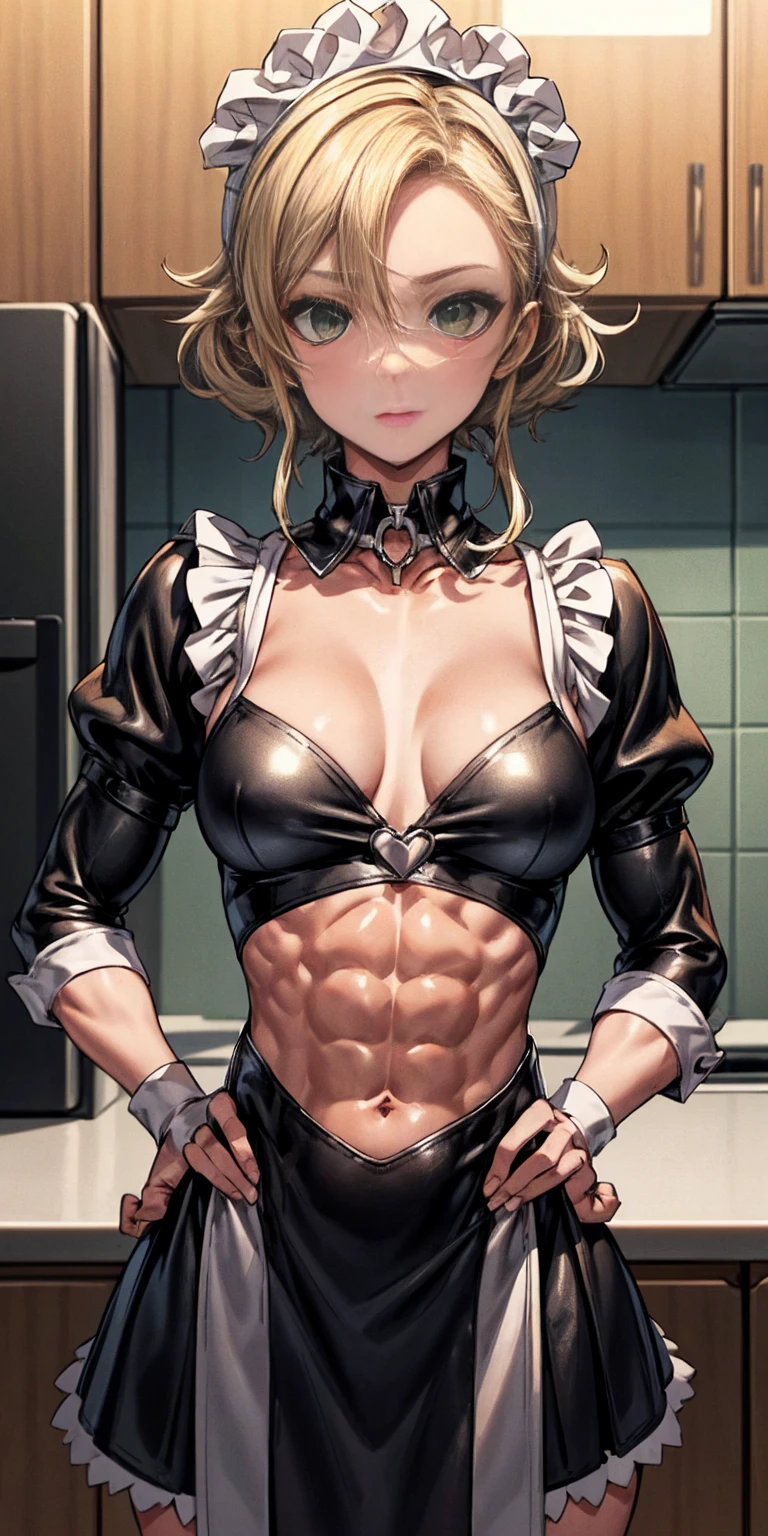 masterpiece, best quality, blonde messy hair, green eyes, headband, maid, kitchen, upper body, strong abs, hands on hips, leather collar choker