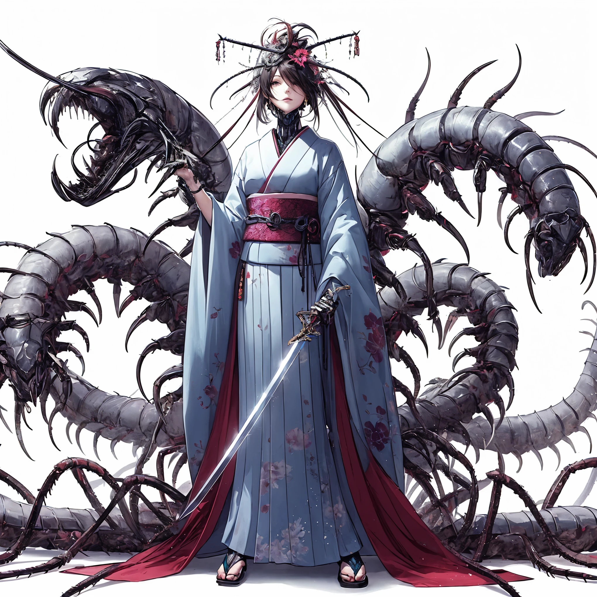 A woman in a kimono and a centipede monster. sword. cyborg. Cyber kimono.