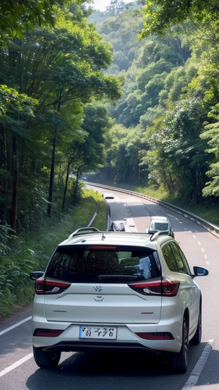 I want to generate a【Great appearance、A six-seater MPV with tough lines,Driving on the road leading into the forest,Lush trees on both sides,The road is long and winding,The whole family is smiling happily in the car】Posters。
