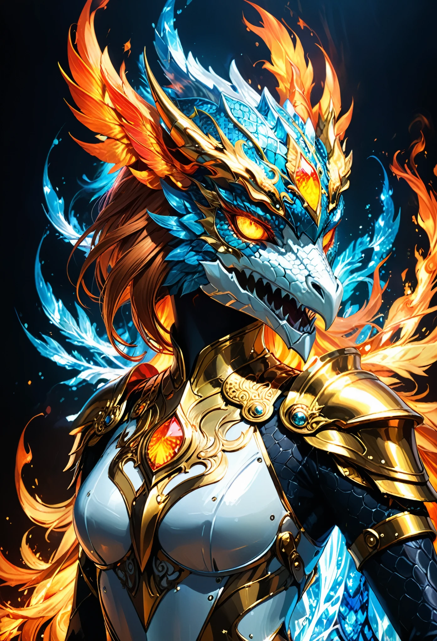 (in style of Ashley Wood:1.3),in style of Takeshi Obata,(Anime style:1.3),(artist by Jaehyo Lee:1.1),
(Masterpiece, Top quality),(Cool Color Palette:1.2),glowing with,The flame glows,Metal glows,Best quality,offical art,Beauty and Aesthetic:1.2),Extremely detailed eyes,(s fractal art:1.3),screen splitting,Colorful,Most detailed,(Perfect face),Shiny skin,hdr,(light pattern),Star,
(2girls),(White Cloak Gold thread:1.2),striking visual effects,(dynamic stripe, luminous track:1.2),Bright colors,
insanely detailed and intricate,hypermaximalist,elegant,ornate,hyper realistic,super detailed,
BREAK
(dragon helmet),(Phoenix breastplate),(ice and fire:1.3),(dragon and phoenix:1.4),