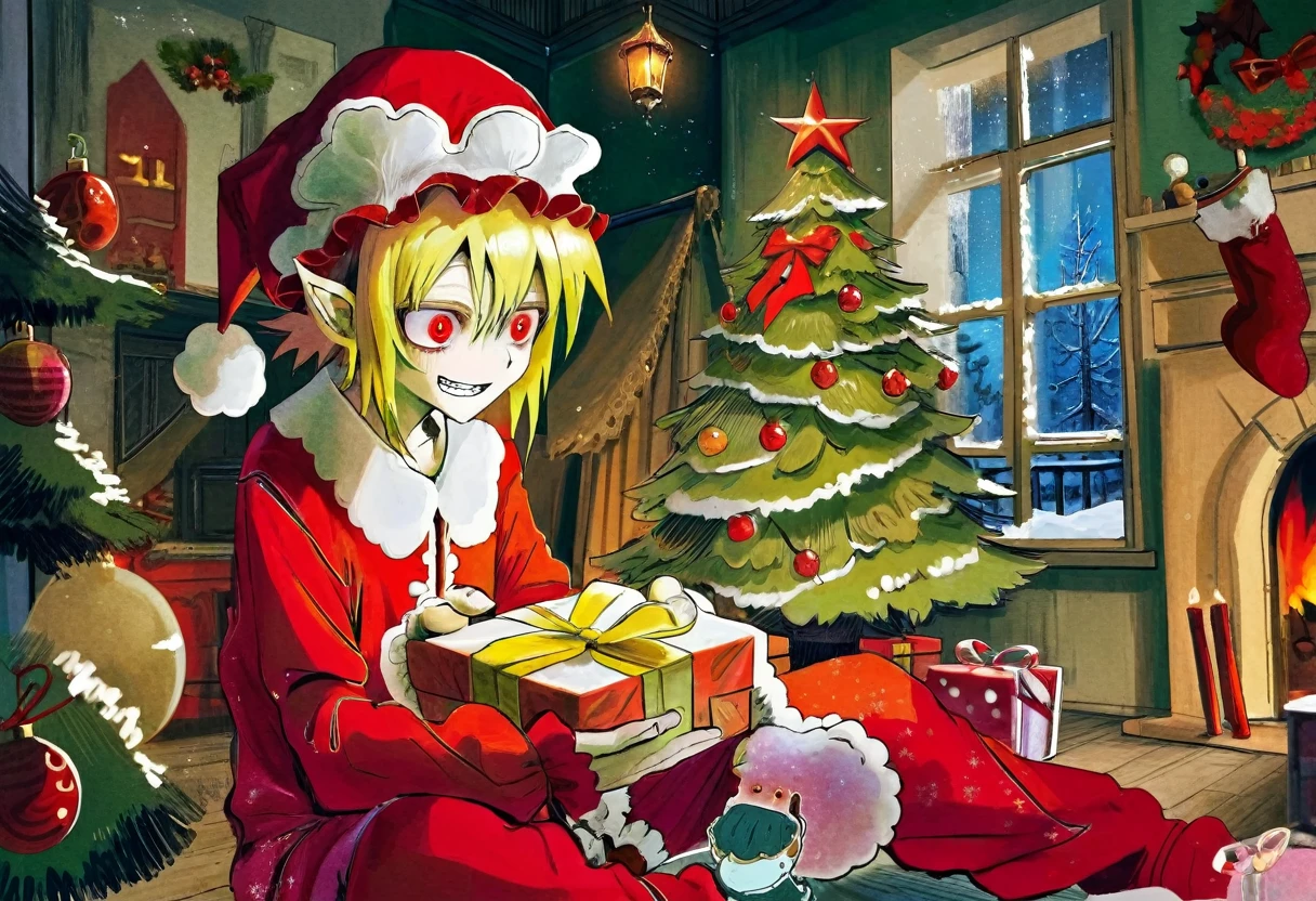 highest quality, beautiful, detailed, By ziyun, Flanders Scarlet, Blonde Hair, tooth, Conceit, Pointed Ears, Red eyes, wing, (White Mob Cap:1.25), Frills, Red pajamas, have a gift, Gift Box, Christmas tree, indoor, night, winter