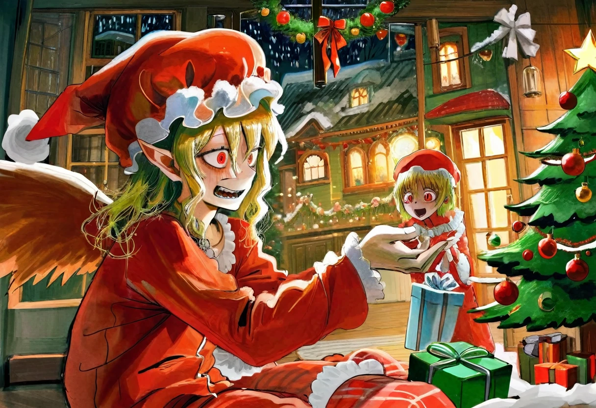 highest quality, beautiful, detailed, By ziyun, Flanders Scarlet, Blonde Hair, tooth, Conceit, Pointed Ears, Red eyes, wing, (White Mob Cap:1.25), Frills, Red pajamas, have a gift, Gift Box, Christmas tree, indoor, night, winter