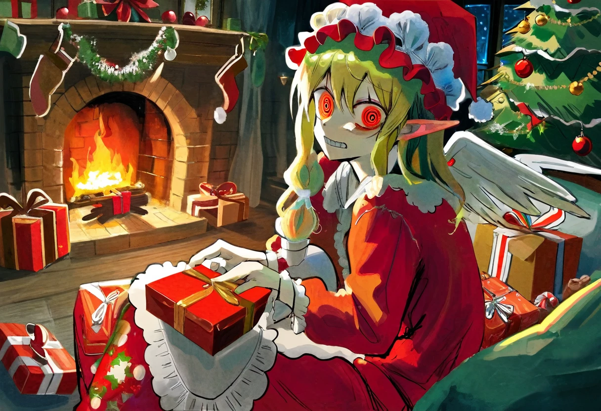 highest quality, beautiful, detailed, By ziyun, Flanders Scarlet, Blonde Hair, tooth, Conceit, Pointed Ears, Red eyes, wing, (White Mob Cap:1.25), Frills, Red pajamas, have a gift, Gift Box, Christmas tree, indoor, night, winter