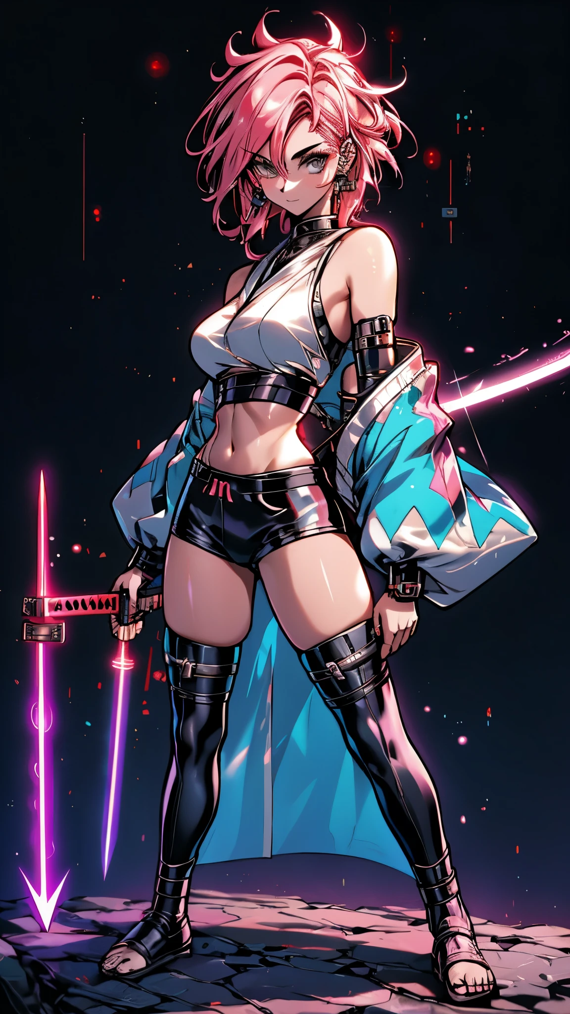 a futurista female warrior holding a katana, (pele finamente detalhada), pale skin, (in a deep neckline highly detailed sexy futurista cyberpunk black crop top and underpants made of circuit boards, palavras japonesas com efeito de reflexo, beautiful epic composition, futurista, obra de arte, atraente, posando para uma foto
