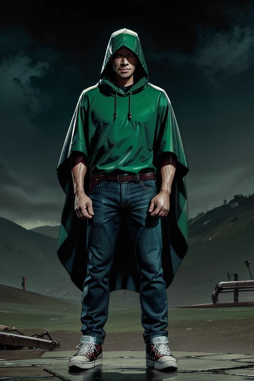 Man in Hooded poncho poncho poncho Raincoat Color: Green and darkened face cap and jeans and converse sneakers Heroic Presence Serious and strong pose Rolled-up sleeves