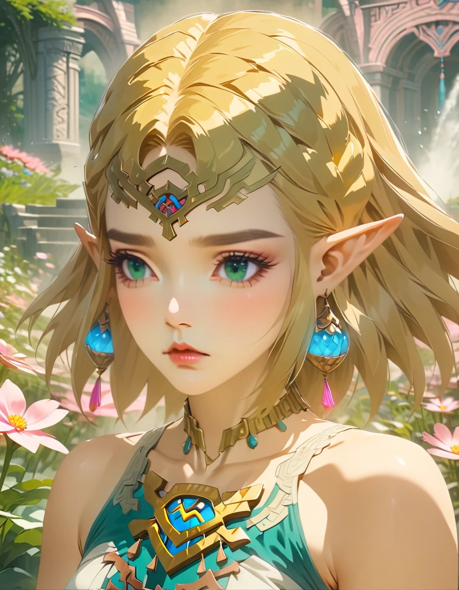 Ultra detailed, highres, absurdres, HDR, Princess Zelda, blond short hair, expressive green eyes, The Legend Of Zelda, pink petals, pink flowers, woman, solo, extremely beautiful, very detailed face and eyes, white long dress with patterns, pointy ears, pink background, fantasy, magical, realistic face, garden, sleeveless dress,