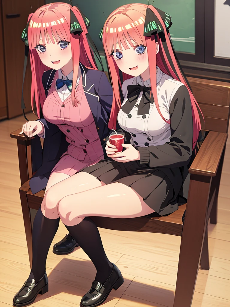 best quality, ultra-detailed masterpiece, anime art style, cute characters, nino nakano, breasts, blush, smile, full body, uniform