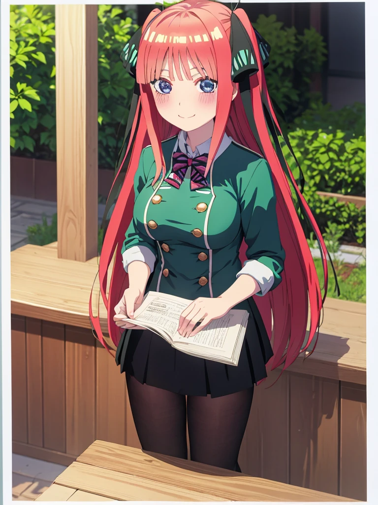 best quality, ultra-detailed masterpiece, anime art style, cute characters, nino nakano, breasts, blush, smile, full body, uniform