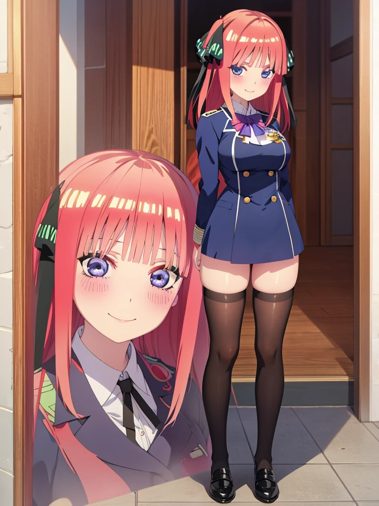 best quality, ultra-detailed masterpiece, anime art style, cute characters, nino nakano, breasts, blush, smile, full body, uniform