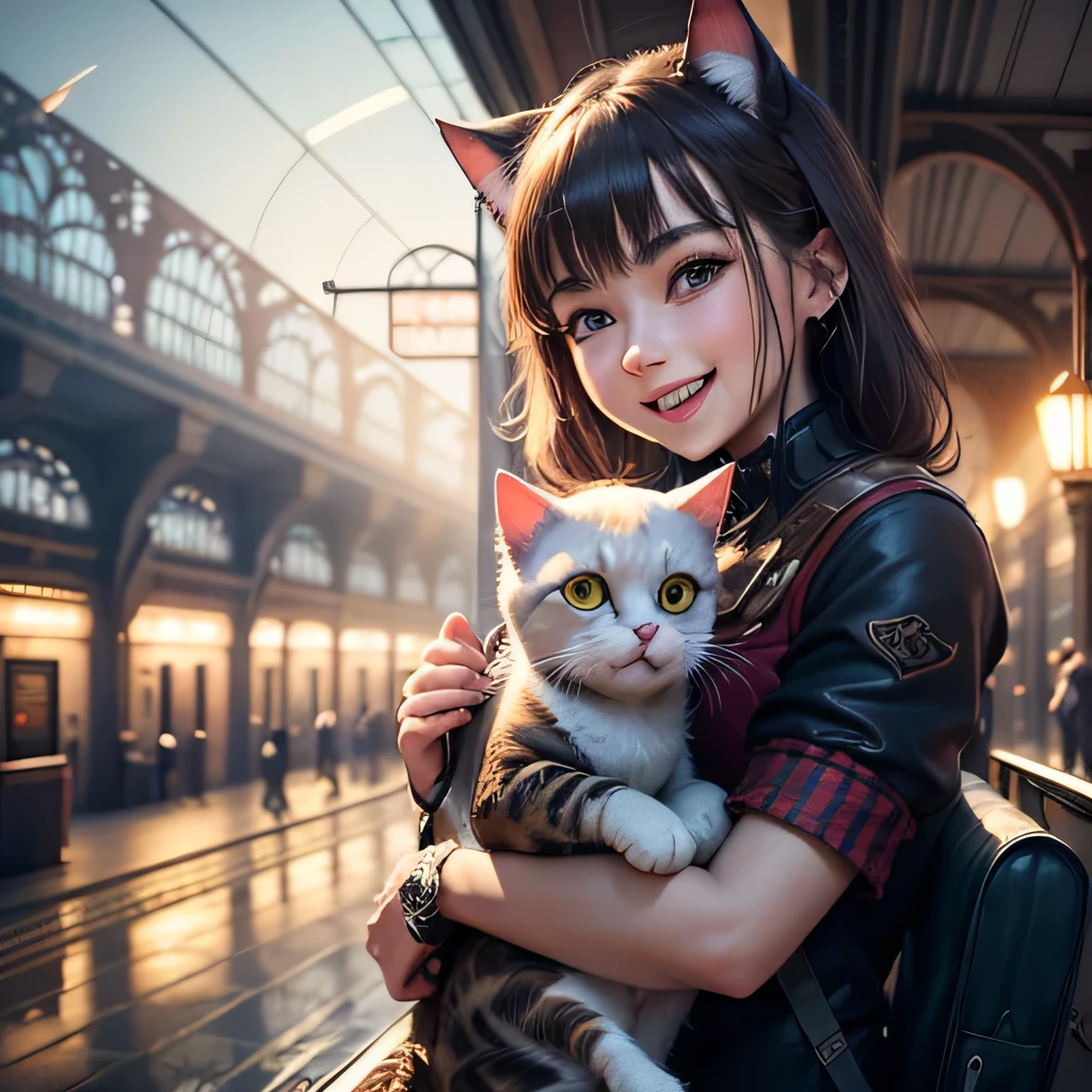 TOP quality,8K, masterpiece, ultra detailed, insanely detailed, sharp, sharpness, (1girl, cat, laugh:1.2), (train station:1.3)