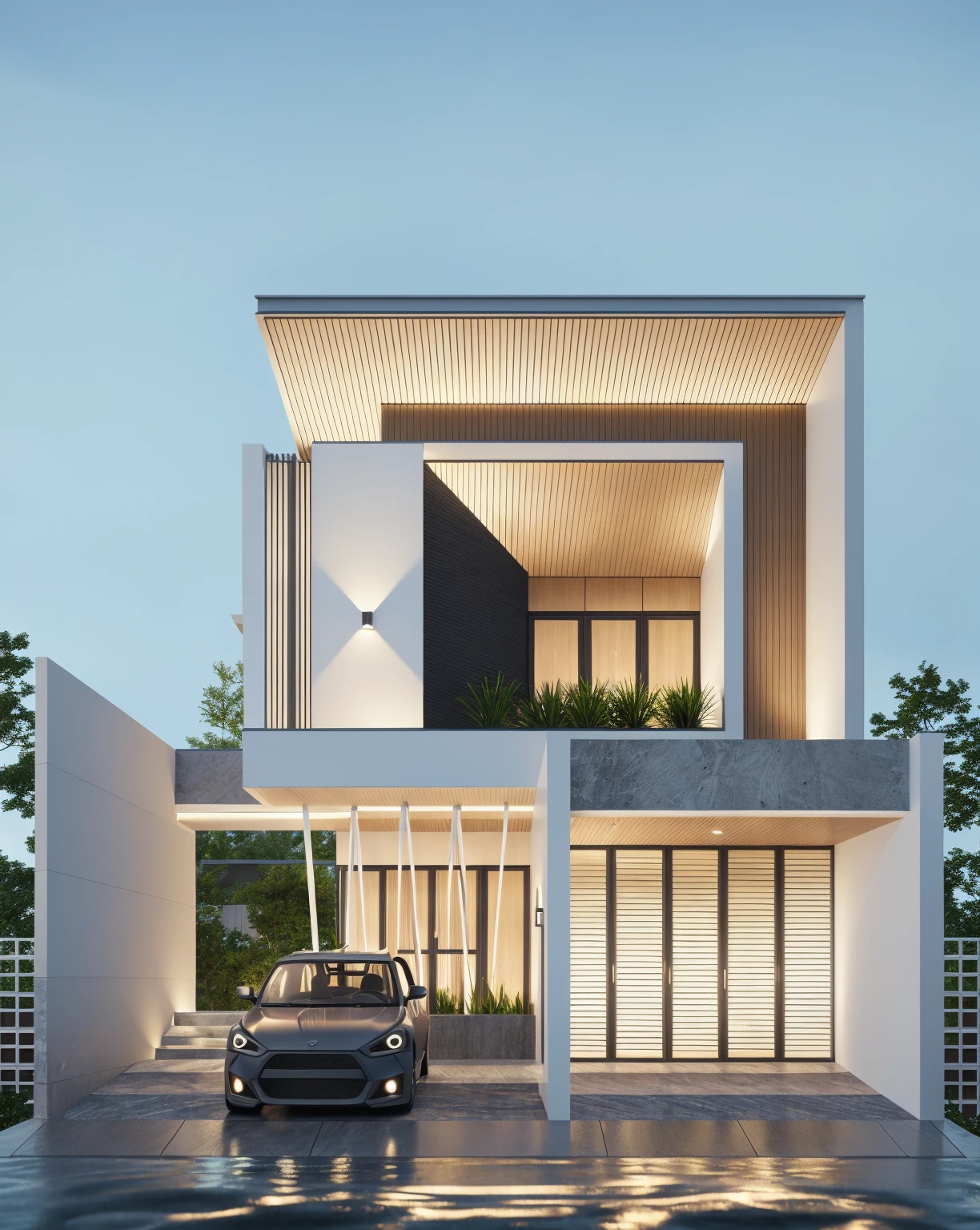 PLATFORM KTHOUSE, 1 morden villa, main material of villa about build color wall:1.2 glass panel:1.1 and stone:1.2, 1large yard, 1 road runs in front of the house, (RAW photo, real, best quality, masterpiece:1.2), look morden minimalist, 1 road in front of the house, dynamic lighting:1.3, (hyper realistic, photo-realistic:1.2), high quality, (dark lighting:1.2), perfect lighting, archdaily, no human