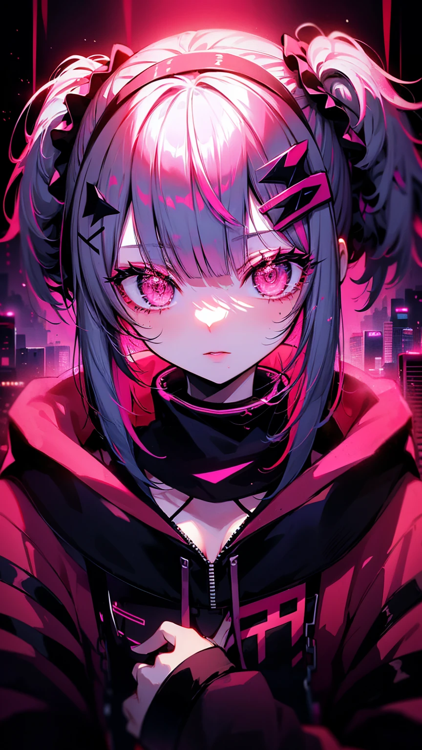 lucy \(cyberpunk\), 1girl, hair scrunchie, hime cut, silver hair, colored tips, full moon, grey eyes, jacket, long sleeves, looking at viewer, medium hair, multicolored hair, parted bangs, parted lips, pink hair, portrait, red eyeliner, red lips, solo, white jacket, cyberpunk \(series\), rainy night in a cyberpunk city with glowing neon lights