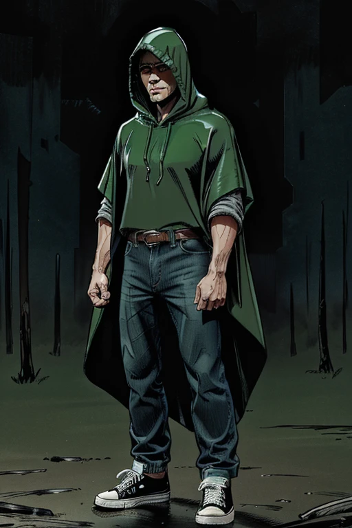Man in Hooded poncho poncho poncho Raincoat Color: Green and darkened face cap and jeans and converse sneakers Heroic Presence Serious and strong pose Rolled-up sleeves