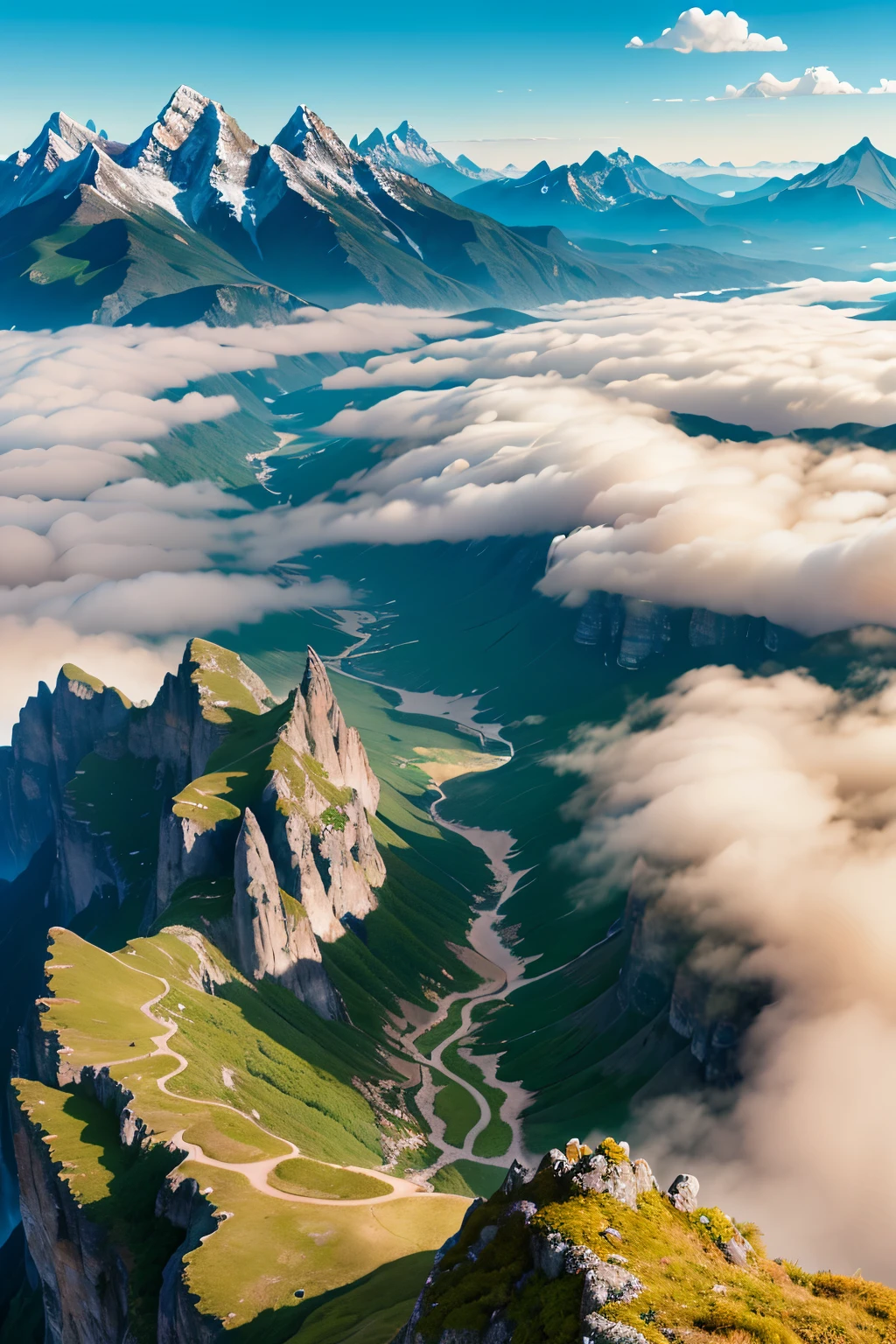 (masterpiece, best quality, 8k, perfect lighting, cinematic lighting, extremely detailed landscape, intricate cloud details, yellowish hue, extensive mountain ranges, miniature oceanic bodies, peely ocean surfaces, golden hour, hyperdetailed, accurate details, ample nimbus clouds, hyperrealistic, detailed mountains, accurate textures, vivid, lush greenery, vibrant vegetation, realistic flora, mountain peaks poking through, aerial perspective, mountainous terrain, dramatic perspective, grandiose, overwhelming, breathtaking).