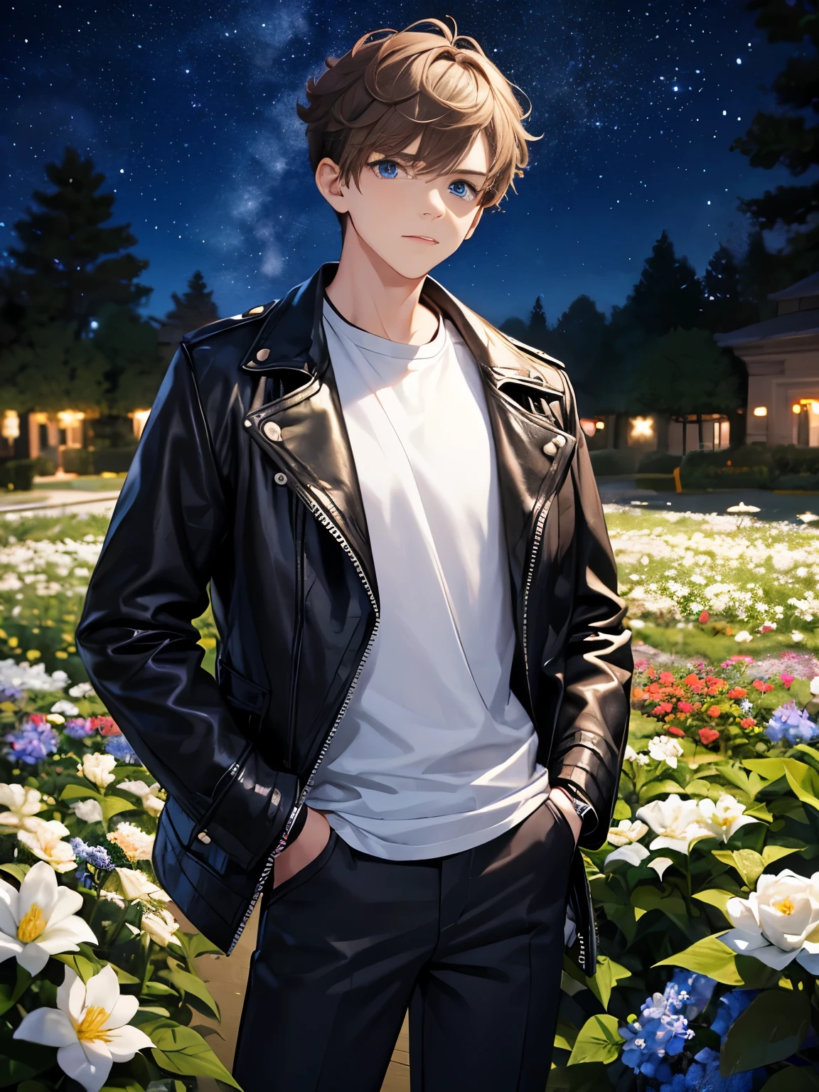 1boy,guy,standing,Holding chin, confused expression,blue eyes,half body photo,18 years old,Curly hair,medium hair,undercut hairstyle,light brown hair,black jacket,Leather jacket,white t-shirt,white trousers,In the flower garden, at night, beautiful stars,ultra detail,masterpiece