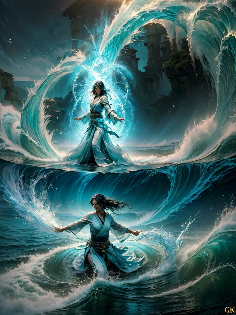 ((best quality)), ((masterpiece)), (detailed), (realistic), (official art), (extremely detailed CG unity 8k wallpaper), (water magic:1.2), (manipulating water:1.1), (elemental control:1.2), (graceful movements:1.1), (aquatic beauty:1.2), (mystical powers:1.2), (serene expression:1.1), (flowing tides:1.2), (sparkling droplets:1.2), (enchanted aura:1.1), (magical incantation:1.2), (rippling waves:1.2), (splendid water formations:1.1), (emerging from a water vortex:1.2), (resonating with nature:1.2), (commanding the elements:1.2), (translucent veil:1.1), (wisdom and power:1.2), (whirlpool of enchantment:1.2), (glowing water glyphs:1.1), (harmony with the sea:1.2), (mysterious origins:1.2), (harmonious balance:1.1), (serene strength:1.2), (spellbinding spectacle:1.2), (immersing in liquid magic:1.1), gorgeous woman [Elizabeth II:Maude Adams:0.45] (embracing her destiny:1.2)
