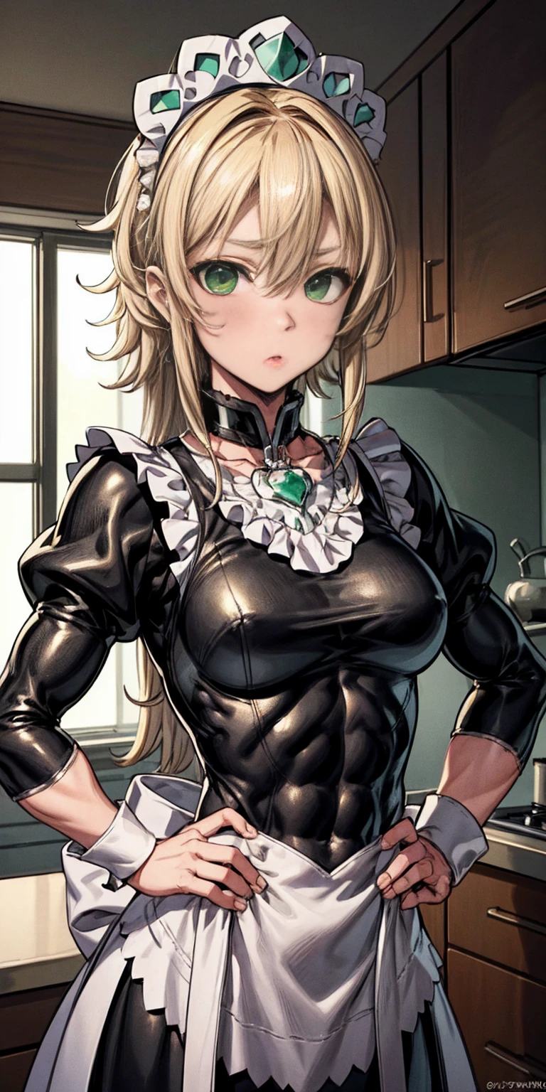 masterpiece, best quality, blonde messy hair, green eyes, headband, maid, kitchen, upper body, strong abs, hands on hips, leather collar choker