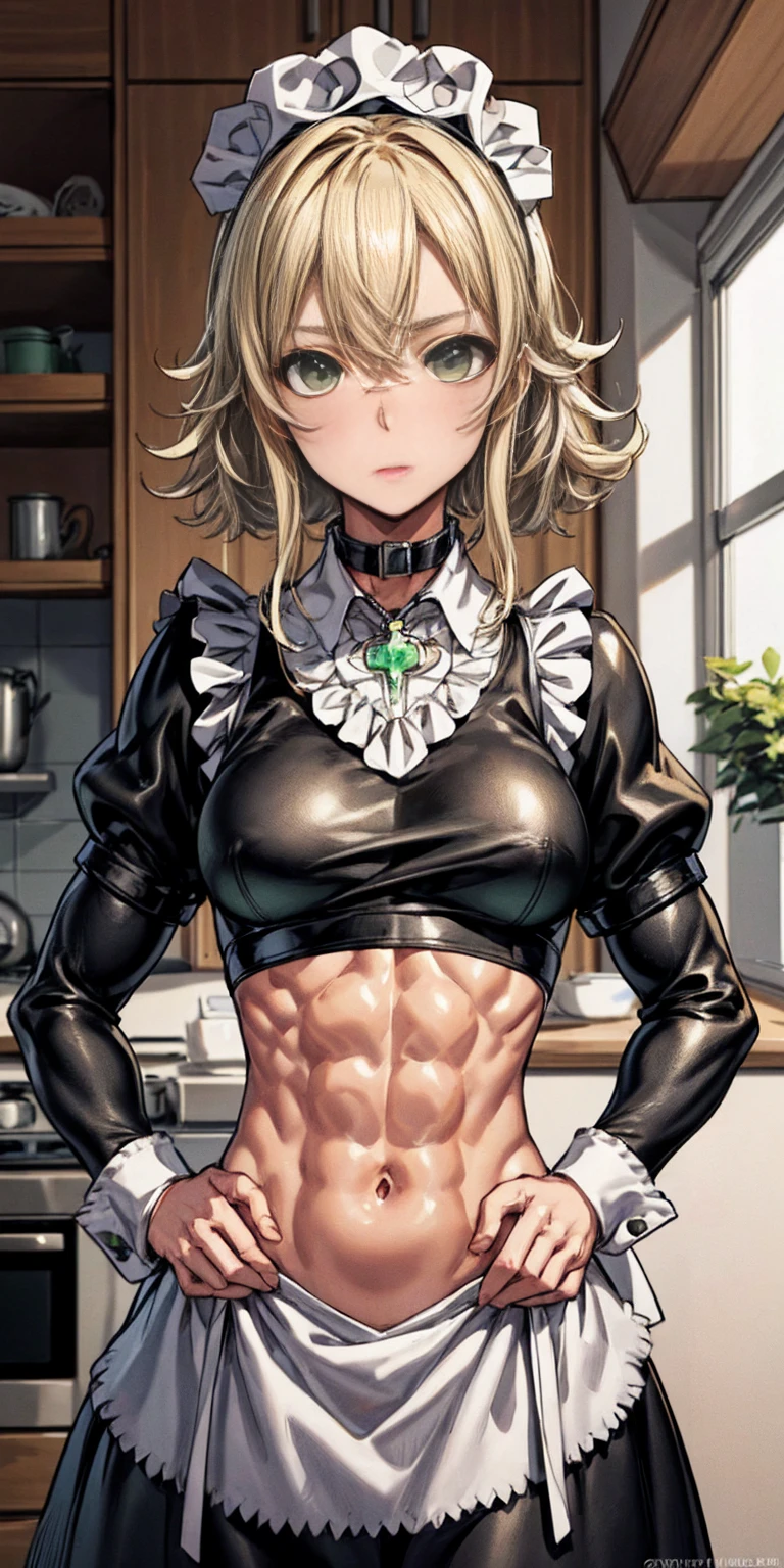 masterpiece, best quality, blonde messy hair, green eyes, headband, maid, kitchen, upper body, strong abs, hands on hips, leather collar choker