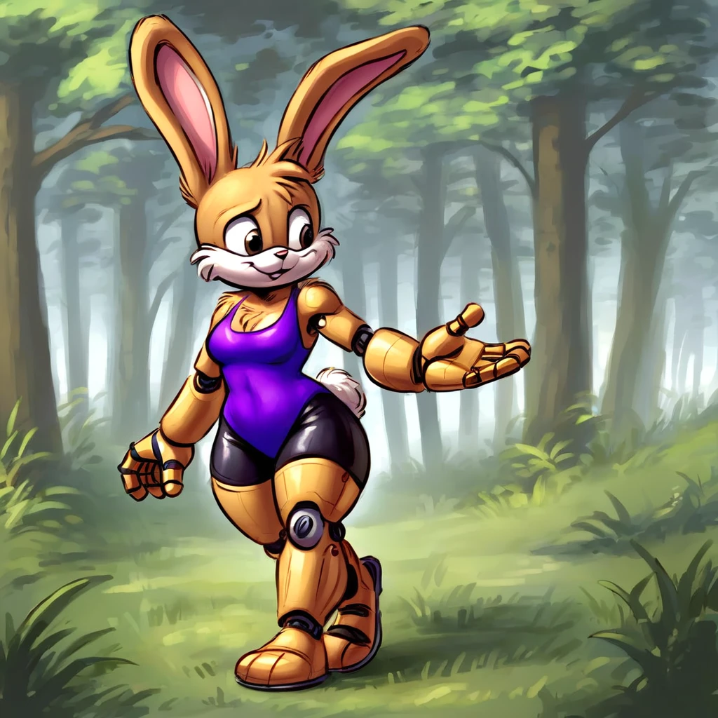 Bunnie Rabbot from Sonic Satam, wearing purple one piece swimsuit, wearing black shorts, brown fur, one robotic leg, thick thighs, beautiful limbs, walking in the forest, high quality,