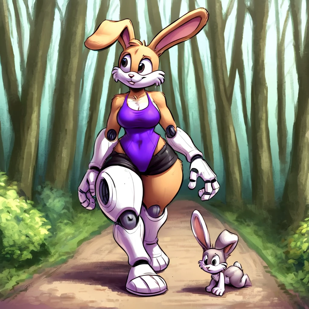 Bunnie Rabbot from Sonic Satam, wearing purple one piece swimsuit, wearing black shorts, brown fur, one robotic leg, thick thighs, beautiful limbs, walking in the forest, high quality,