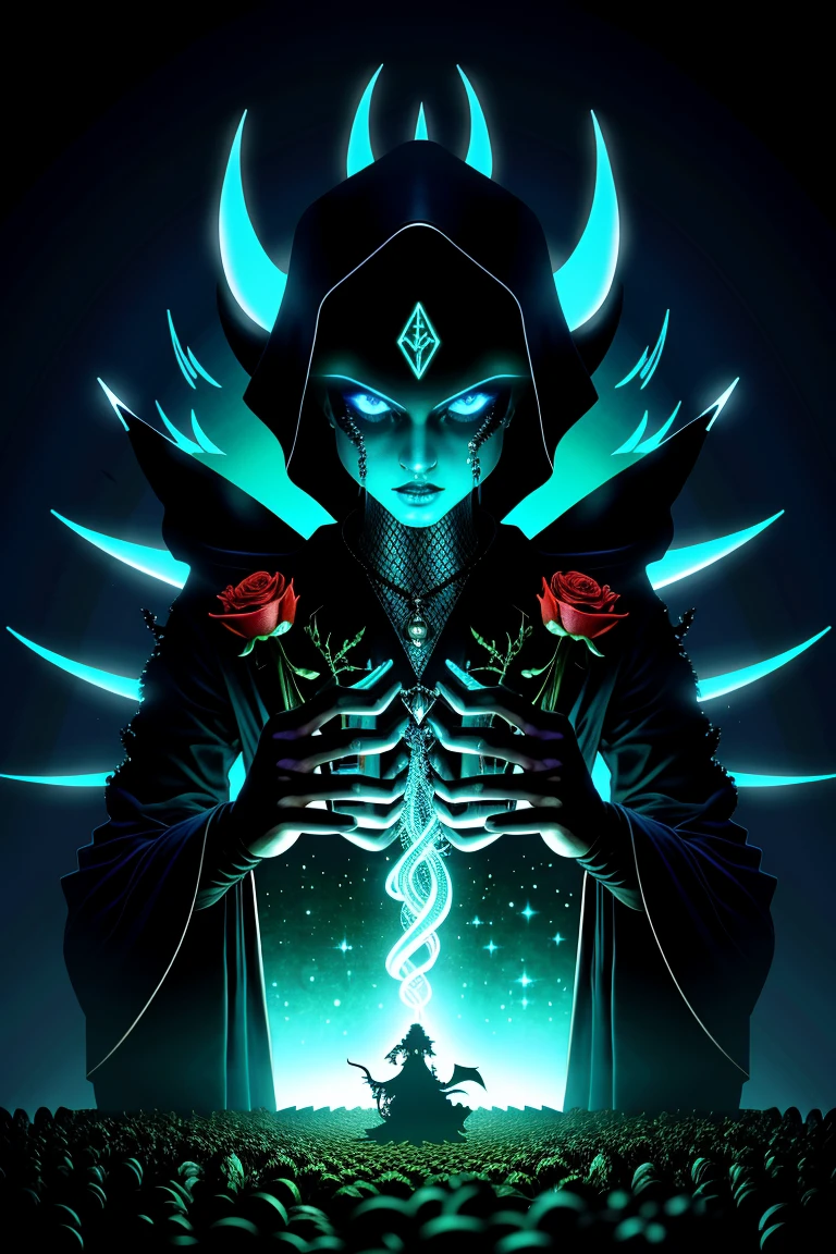 close-up, digital art, fantasy design, complicated and detailed spiral fractals, figure of a magical woman with a devil face, shiny black robe, abandoned palace complex structure, shiny metallic chrome, red liquid mercury, black roses dripping and flowing liquid mercury, Vibrant color grading, blue vibe color, smoke and faint green light.