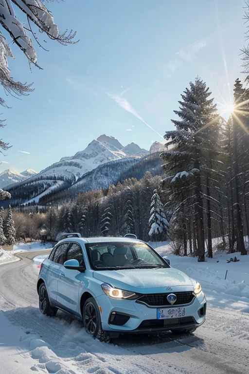 car:Light Blue、Streamlined appearance、Dynamic design、high performance、Fast on the snowy road。
background:Poplar trees covered with hoarfrost、Snow falling in the woods、Snow-capped mountains in the distance、The sun shines on the snow-capped mountains, creating a golden glow。
Copywriter:Discover the beauty of winter,尽在我们的新款car。Experience the perfect combination of adventure and speed。