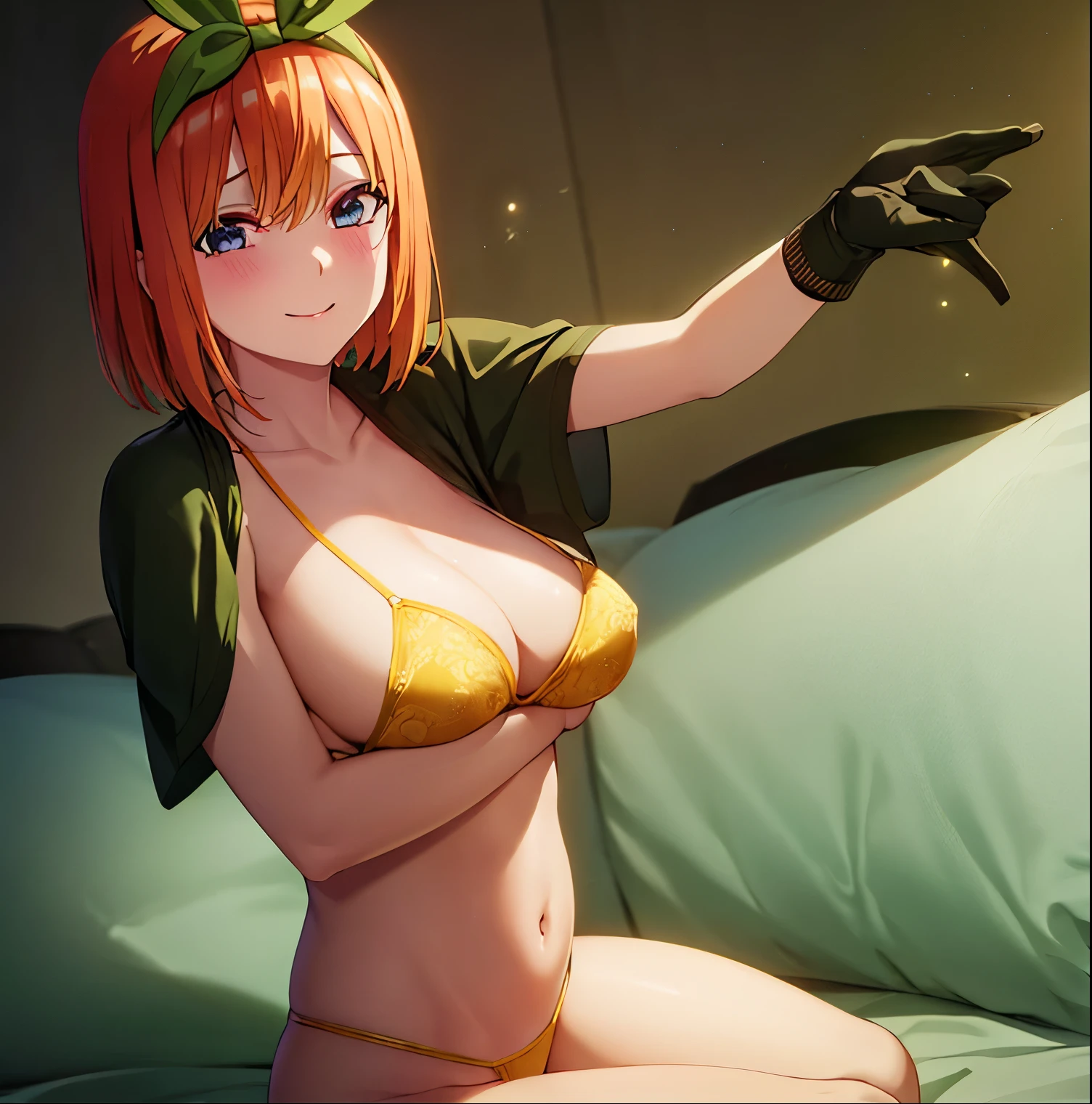 1girl, alone, yotsuba nakano, glitter, thighs, collarbone, (Masterpiece), wallpaper, Green ribbon, green bow ribbon, light yellow lingerie, yellow bra with black lace, yellow thong with black lace, NSFW, makeup, pencil pink lipstick, smiling, provocative, blue eyes, short hair, orange hair, perfect anatomy, perfect hands, sitting on the bed, room, bedroom, full body, sexy body, big breasts, medium waist, wide thighs, medium hips, butt round, facing viewer, front, pov (from below),