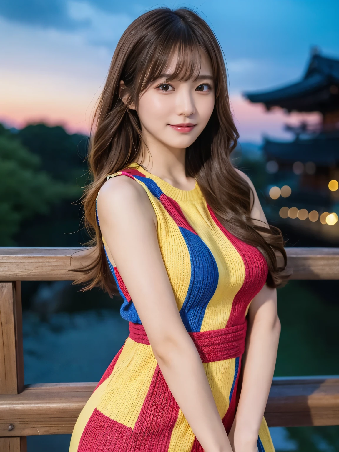 masterpiece, 1 beautiful girl, Fine grain, Puffy eyes, highest quality, 超A High resolution, (Realistic : 1.4), Cinema Lighting, Japanese, Asian Beauty, Super Beauty, Beautiful Skin, thin, (超Realisticな), (High resolution), (8k), (High resolution), (美しくてFine grain), (Very detailed), (wallpaper)、Detailed face, Bright lighting, Professional Lighting, View the art, (The costume is a colorful knit dress), Long Hair, My hair is messy, Asymmetrical bangs, Night view, Brown Hair, Japan is an idol, Korean Idol, Carving an idol pose, 23 years old, expensive, smile, Morning scenery of Flower Park, ((Forward facing position)),
