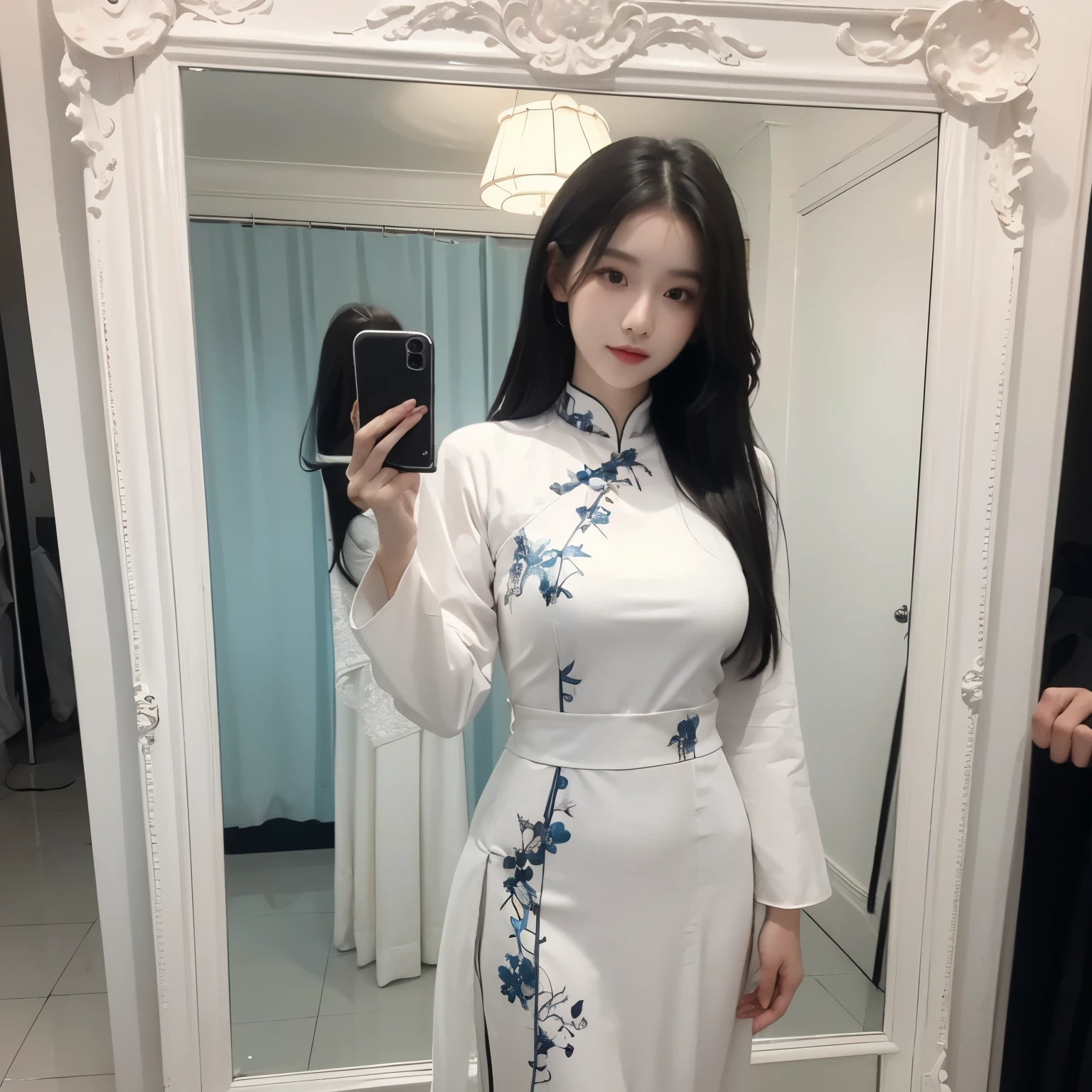 She is beautiful.  White skin, long untied black hair, black eyes, big breasts.  Wearing a traditional Vietnamese white ao dai without patterns.  scene of standing in front of a mirror, holding a phone to take a picture of yourself in the mirror.