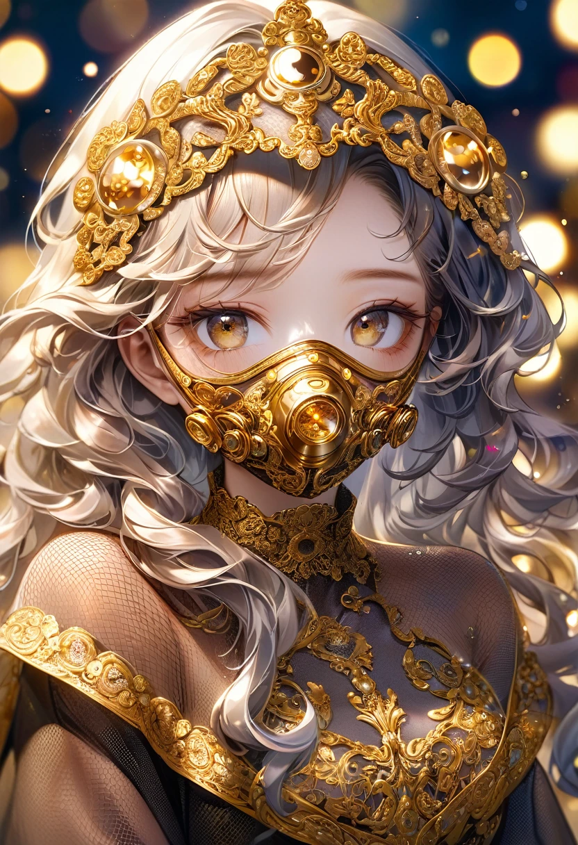 Supermodel,With long curly、fluffy、Flowing hair, Covered in gold (Translucent and beautifully embroidered) (Metal Surgical Mesh Mask) Cover your face, ((Mouth covered)), wearing strange future fashion, Luxurious and sophisticated gold decoration, photography, Complex details, Carefully crafted, meticulous, Gorgeous, Maximum details, Extremely aesthetic, Bokeh, Professional shooting