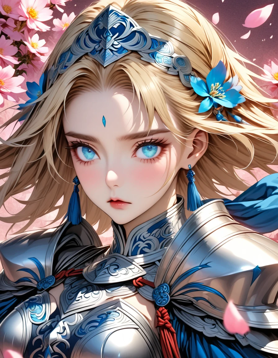 Ultra detailed, highres, absurdres, HDR, Saber, blond hair, expressive turquoise eyes, Fate Grand Order, pink petals, pink flowers, woman, solo, extremely beautiful, very detailed face and eyes, blue long dress with patterns, pink background, fantasy, magical, silver armor,
