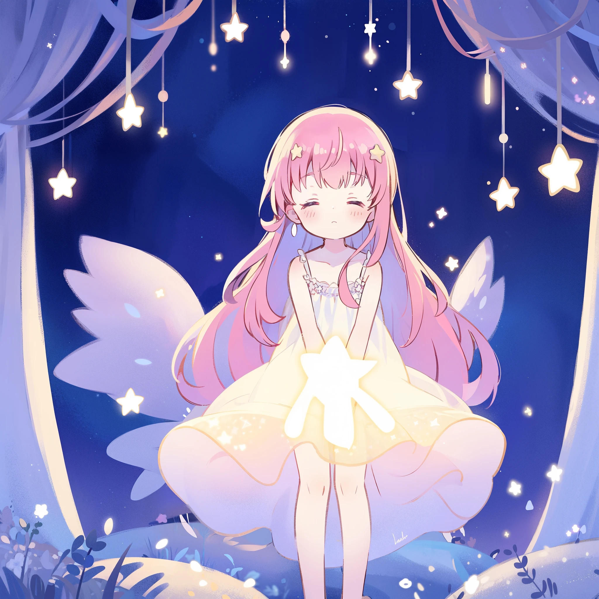 complex background, wishing star background, a woman wearing an ethereal mystical pink translucent dress that reflects the stars, dreamy, peaceful, serene composition, glowing stars, glowing, perfume promo art, mystic, complex drawing, highly detailed, Covergirl brand, promo art, artistic rendition, ethereal, starry night, midjourney style