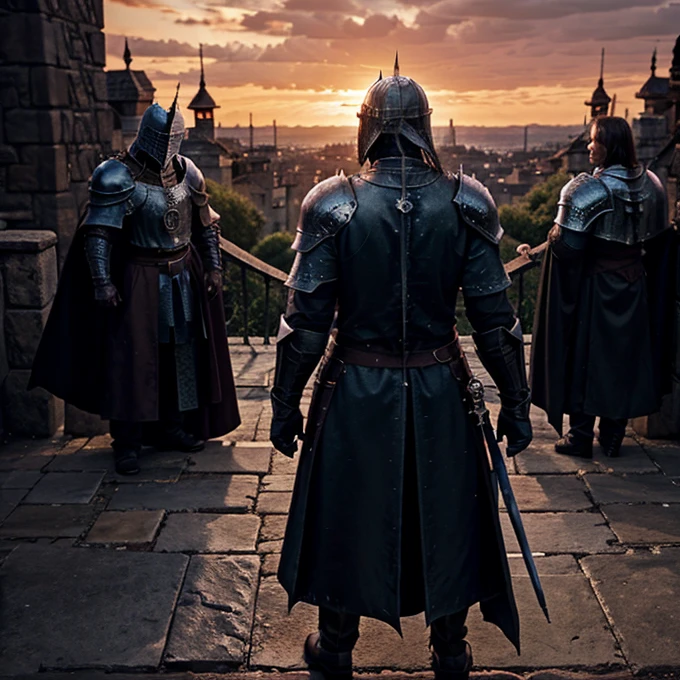 Five knights of dark souls gathered looking towards the sunset