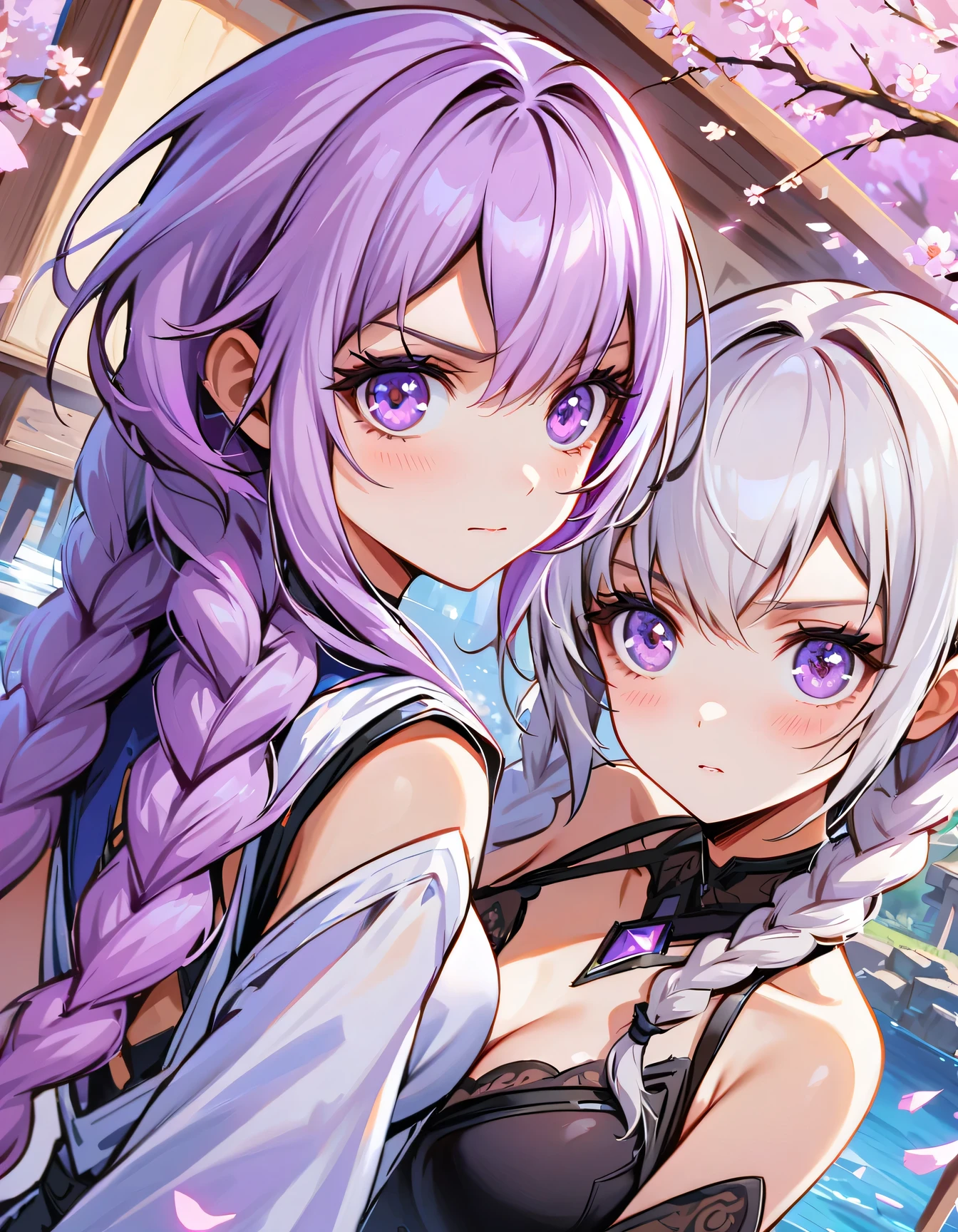 {{{masterpiece}, }}, {Extremely detailed CG unity 8k wallpaper}, Astonishing, Fine details, 2 girls Looking at the audience side by side, yinji, purple hair, purple eyes, long hair, white hair, double braids, gradient hair,, {{Cherry blossoms}, }, outdoor, Sky, {{wind}, }, Detailed background, Beautiful and delicate eyes, transparent:evening dress:0.3, cleveage, Smart pupils,Dynamic poses, Dynamic Angle, cleveage, looking at the audience, Detailed clothes, movie lighting, close up, best quality