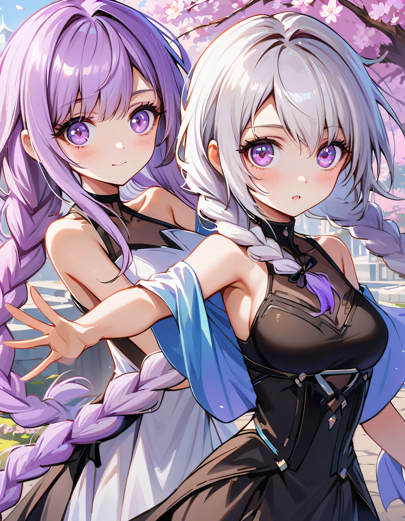 {{{masterpiece}, }}, {Extremely detailed CG unity 8k wallpaper}, Astonishing, Fine details, 2 girls Looking at the audience side by side, yinji, purple hair, purple eyes, long hair, white hair, double braids, gradient hair,, {{Cherry blossoms}, }, outdoor, Sky, {{wind}, }, Detailed background, Beautiful and delicate eyes, transparent:evening dress:0.3, cleveage, Smart pupils,Dynamic poses, Dynamic Angle, cleveage, looking at the audience, Detailed clothes, movie lighting, close up, best quality