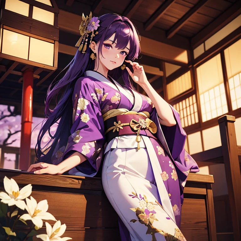 (4K, masterpiece, highest quality, illustration), 1girl, Japanese princess, Purple hair, (Exquisite Kimono With Gold Flower pattern), Feudal Japan Palace Background