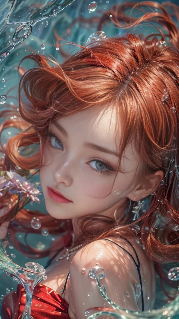 (RAW shooting, The perspective is from the top, Dynamic flow of water waves:1.2, 32k:1.5, highest quality, masterpiece, Ultra-high resolution), (night, Ocean:0.7, Elegant background:0.7, Mystical Expressions:1.3, Expressions of sadness:1.0), Perfect dynamic composition:1.3, 非常にdetailedな肌と顔の質感:1.3, (Slim Mermaid:1.3, Mermaid tail), Random Shot, Fair skin:1.2, Incredibly slim body:1.2, Fractal Art:1.1, Very beautiful face:1.1, Water droplets on the skin, detailed, (Rain drips down on my body:0.9, Wet body:0.9, Wet Hair:1.0), (Posing Pro:0.9, With a wet bouquet:0.9, Gorgeous red shiny mermaid dress portrait:1.1, Woven Belt), Shapely breasts, (Big eyes that exude beautiful eroticism:0.5, Lips that exude beautiful eroticism:0.5), Totally captivates you, Very sweet atmosphere, necklace, Earrings, bracelet