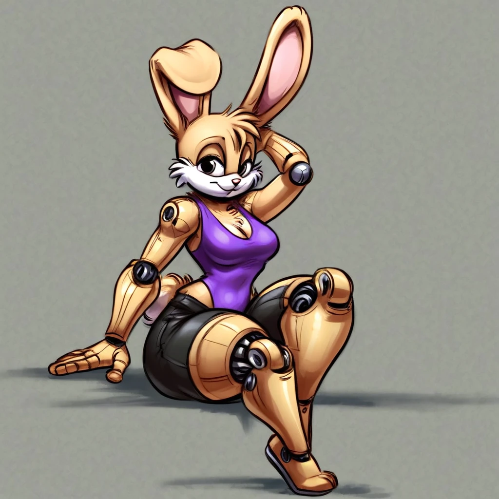 Bunnie Rabbot from Sonic Satam, wearing purple one piece swimsuit, wearing black shorts, brown fur, one robotic leg, thick thighs, beautiful limbs, sitting down doing a pin up pose, high quality,