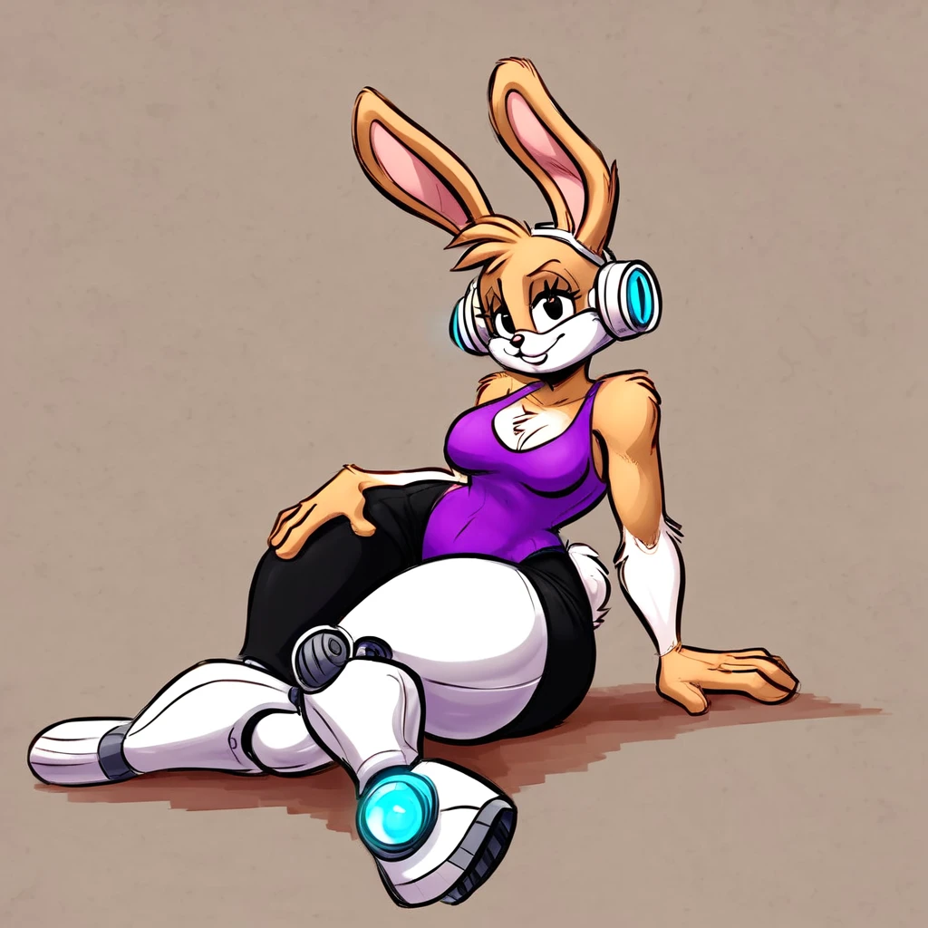 Bunnie Rabbot from Sonic Satam, wearing purple one piece swimsuit, wearing black shorts, brown fur, one robotic leg, thick thighs, beautiful limbs, sitting down doing a pin up pose, high quality,