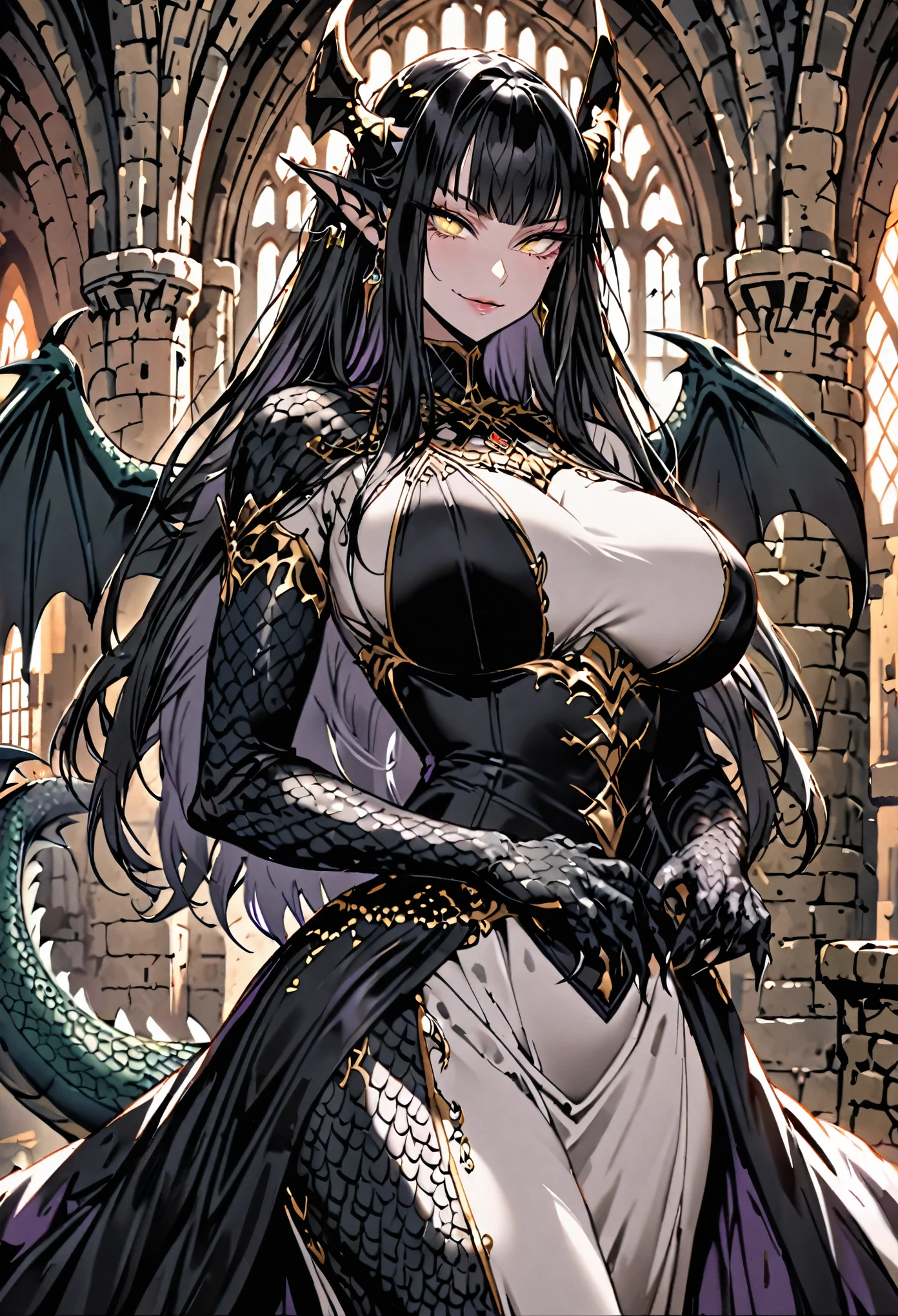 solo, female, sfw, medium shot, long hair, straight hair, black hair, golden eyes, head fins, huge breasts, black dragon tail, black dragon wings, black scales, black claw hands, luxurious gown dress, medieval, castle interior, day, scaly hands, clawed hands, scales on arms, very tall woman, seductive smile, athletic, slit pupils, dragon horns, large woman