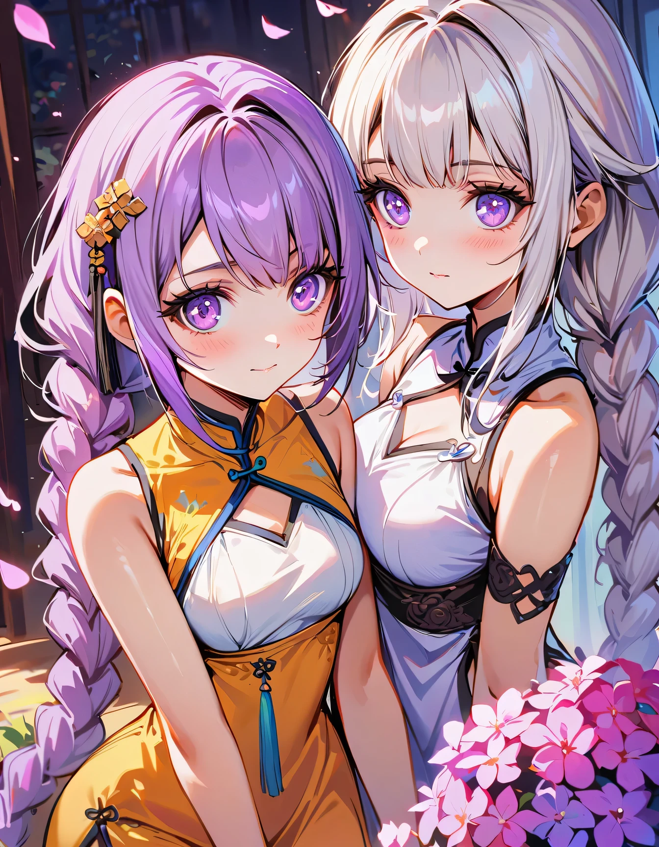 (masterpiece), best quality, high resolution, Extremely detailed, 2 girls side by side, yinji, purple hair, purple eyes, long hair, white hair, double braids, gradient hair, A beautiful white dress in Chinese style, Chinese elegant dress, Fine details, Cheongsam is beautiful and elegant, Colorful, Clothes floating, dramaticangle, Close to nature (close up), Require, warm color,Like sunshine,focus,Personal warmth, The details stand out, Extra long ribbon, Open it, Many details, Pink petals, Sunlight on the skin, brilliant, Hairpin, Hydrangea, boudoir.
