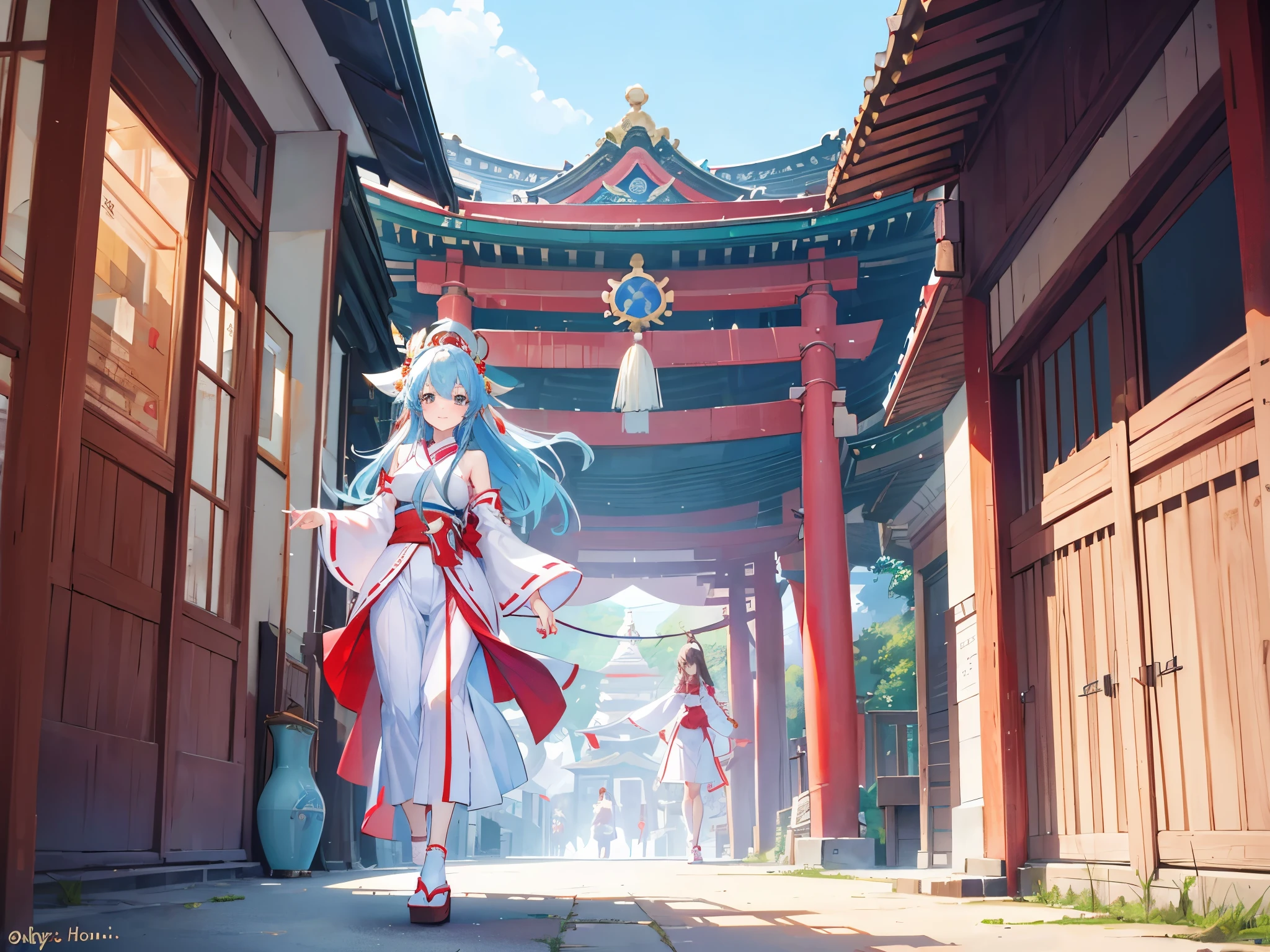 4K photo of an 18 year old girl with brown hair, light blue hair, wearing a miko outfit. Walking in the shrine with joy and smiles