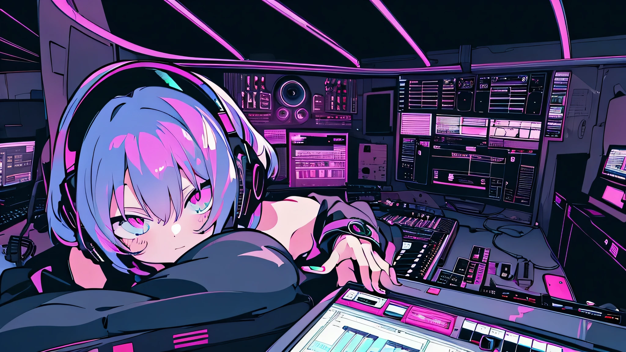 Best quality, (masterpiece:1.2), best detail face,1 girl, big breasts, 18 yo, 8k,absurdres,unity 8k wall paper,(extremely detailed:1.3), highest realistic, (headphones:1.1), (soft neon light:1.1), (floating hair:1.2), (psychedelic:1.2), Her room full of music equipment, loungewear, (((Roland TB-303 Synthesizer))), loose loungewear, Looks listless, See the whole room