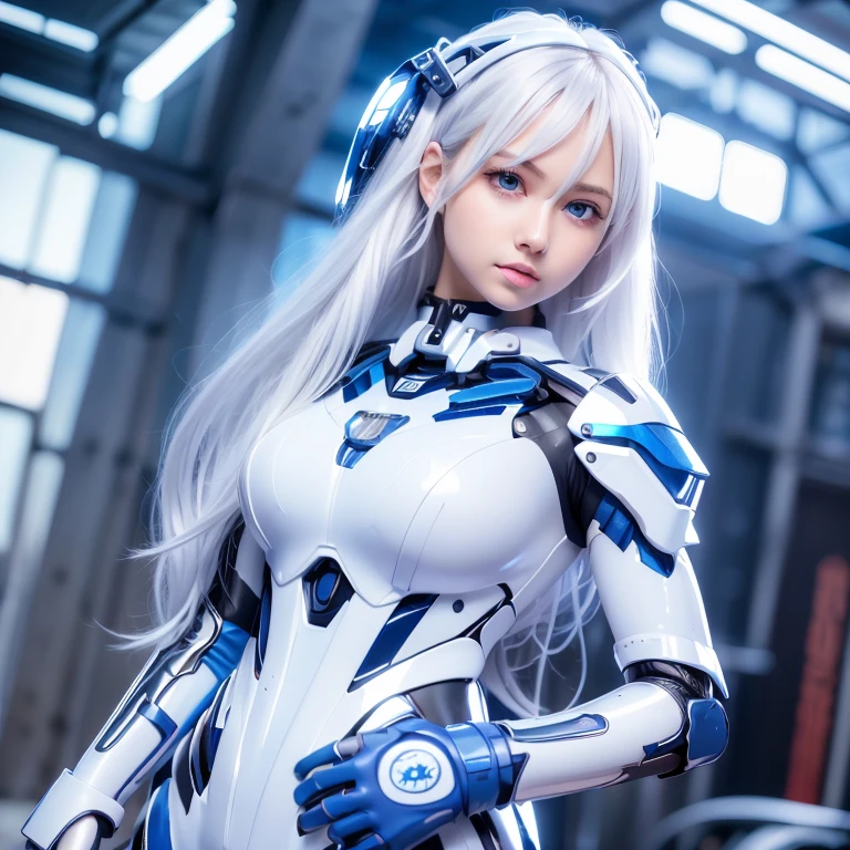 amazing quality, hyper detail, hyper realistic, 8k
girl, very long hair, bangs hair style, white blue hair color, glowing dodger blue eyes color, 
perfect body, perfect face detail, perfect nose, cute baby face,
ultra detailed eyes, ultra detail face, ultra detailed skin, 
fantastic full body mecha suit, necklace, eye contact, smiling, stylish pose