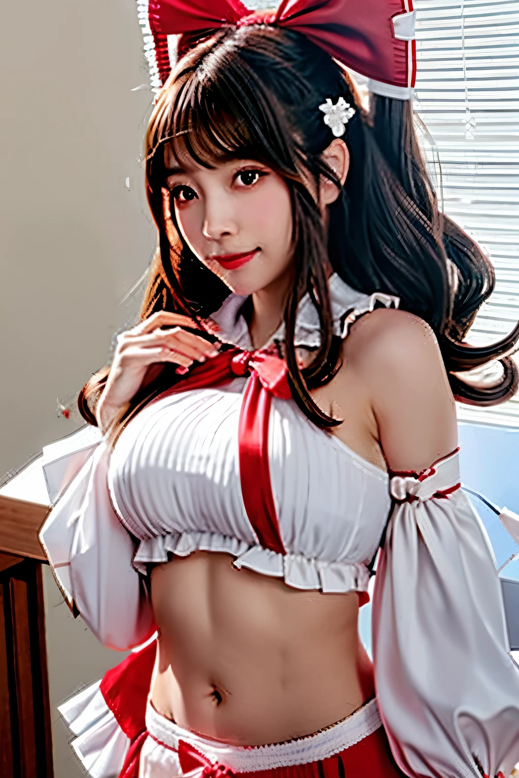 masterpiece, highest quality, Realistic,hakurei_reimu_touhou,bow, hair_bow, hair_tubes, red_bow, brown_hair, long_hair, bangs, sidelocks, ascot, brown_eyes, frilled_bow, yellow_ascot, blush, smile, hair_between_eyes,whole body,Large Breasts,belly button,Thighs,underwear,