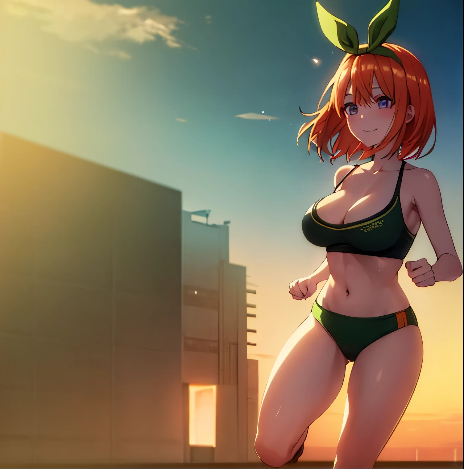 1girl, alone, yotsuba nakano, glitter, thighs, collarbone, (Masterpiece), wallpaper, Green ribbon, green bow ribbon, black sports top, cleavage, bare shoulders, bare waist, black sports shorts, short shorts, bare legs ,NSFW, makeup, pink lipstick, smiling, provocative, blue eyes, short hair, orange hair, perfect anatomy, perfect hands, jogging, running track, sunny, sunset, full body, sexy body, big breasts, medium waist, wide thighs, medium hips, round butt, looking at viewer, head on, pov (from below),