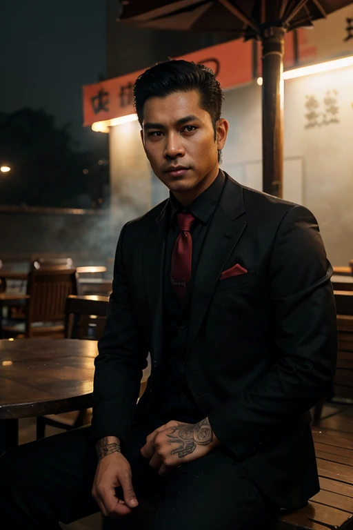 an Indonesian man, portrait, 30 years old, rather full body, brown pompadour hair, wearing a black suit and red tie. body full of irezumi tattoos, sitting in an outdoor cafe, high quality studio highly detailed 16k art, 6 dlsr hq ultra realistic intricate details, real octane cinematic light rendering, natural dramatic shadows sunlight weather, foggy atmosphere misty realism, dark background of Hong Kong city. cowboy shot