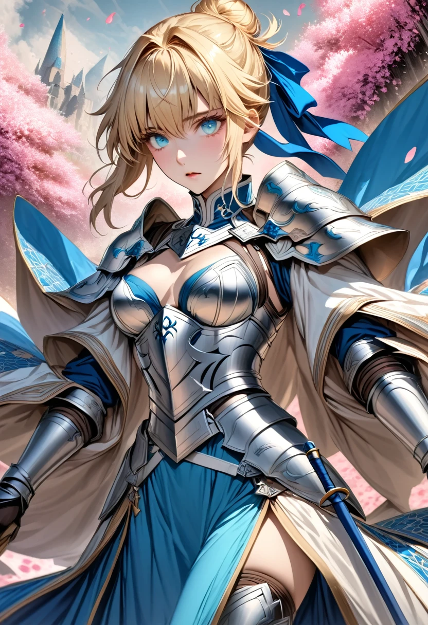 Ultra detailed, highres, absurdres, HDR, Saber, Arthuria Pendragon, blond hair with bangs tied in a bun, expressive turquoise eyes, Fate Grand Order, pink petals, pink flowers, woman, solo, extremely beautiful, very detailed face and eyes, blue long dress with patterns, pink background, fantasy, magical, silver armor,