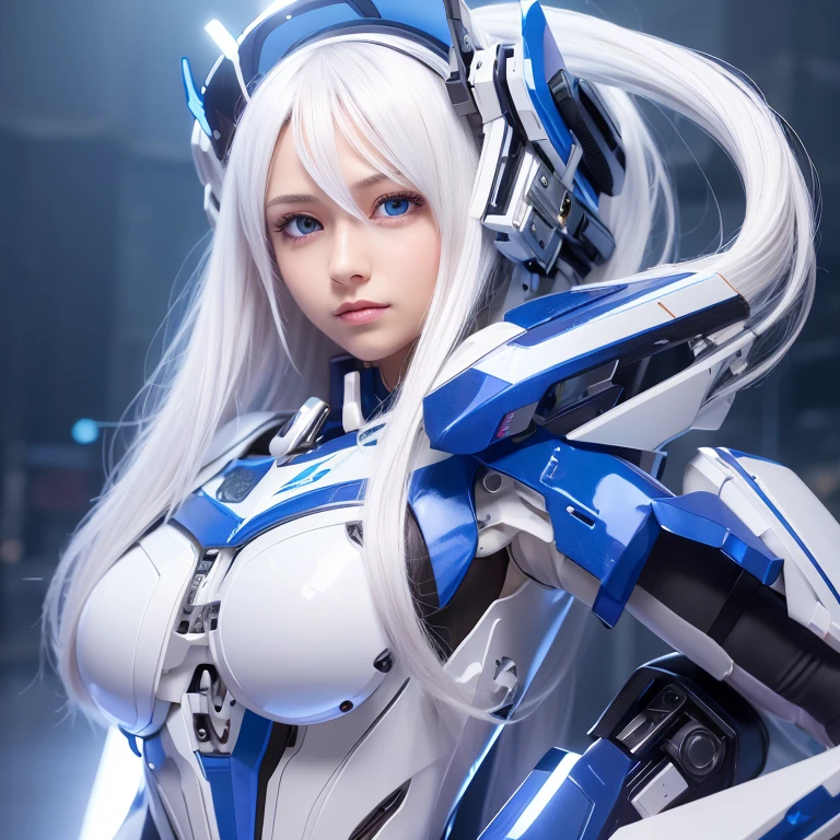 ((Extreme close up:1.6))、(((Lenses shining on both breasts:1.3)))、((A blue pillar of light emanates from both of his chests..:1.3))、break、(((Dynamic pose:1.8)))、smile、((8K)), ((32k)), ((Highest quality)), ((masterpiece)), ((超A high resolution)), ((Tmasterpiece)), ((Halation:1.4))、((Mechaニカルheadgear:1.2))、((Cyber Headphones:1.3))Fine skin, High quality fabric, High-quality metal texture、((Beautiful and dense face))、RAW Photos、Professional, Ultra-fine painting, ((alone)), Beautiful breasts、Highest quality, Very detailed, Very detailed詳細, Finer details, so beautiful, ((Princess Knight Robot:1.2)), (Joint of the machine, Mechanical Limbs:1.3), (The internal structure of the machine is exposed:1.3), (Long silver hair:1.1), (Beautiful and huge mechanical breasts)、White Veil, cowboy_shot, Side Focus, headgear, Shiny、(Five Fingers, Four fingers and thumb),Concept Art, Anime fantasy artwork, Detailed fantasy art, (with pale blue-violet hair and large white wings,,,,,,,,), (((Long silver hair))), (Mecha:1.6)、Sleek and intimidating design, ((Commander-in-Chief'arm)), (Perfect robot body)、純白と青紫のarmまたは, Symmetrical wings, 8K High Resolution, Detailed Art, 3D rendering of character art in 8K, neat legs, Defined, Defined fingers,((headshot:1.3))