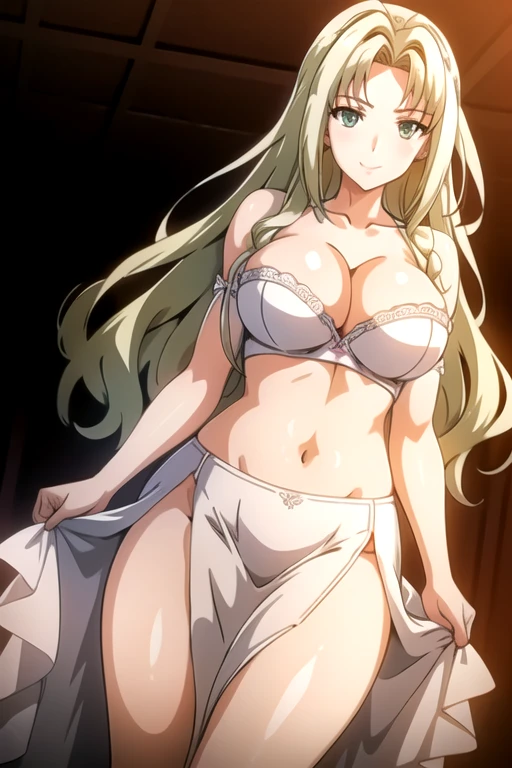 wedding dress,Wedding dress,bra,underwear, wife, bride, white bra, bride, white underwear, white lingerie,Blonde Hair,Bangs,Green Eyes, long hair, 1 girl, 20 years,Young women,beautiful fingers,Nice long legs,Beautiful Body,Beautiful nose,Beautiful character design, Perfect eyes, perfect 脸,expressive eyes,Perfect balance, Smile,Official Art,Extremely detailed CG unity 8k wallpaper